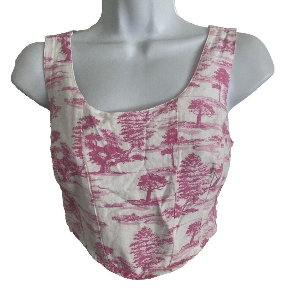 Midnight Sky Womens Small Pink Floral Toile Cotton Flax Crop Strappy Smocked Top